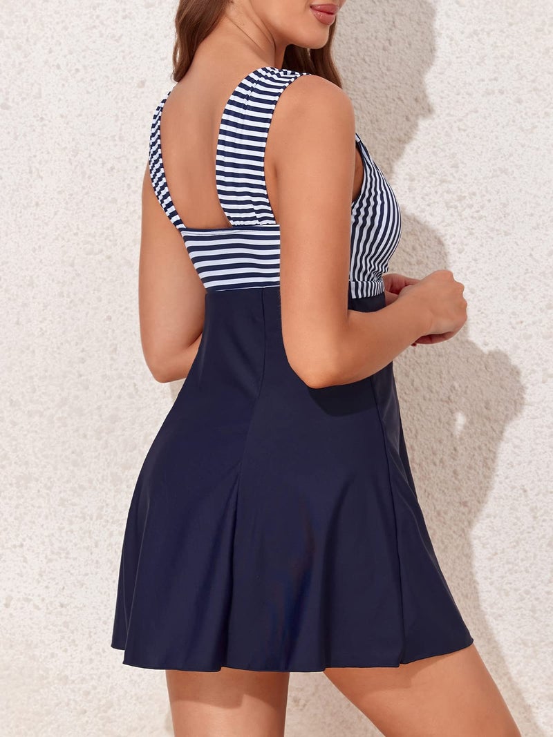 MiYang Women's One Piece High Waist Padded Swim Dress, Dark Blue Stripe, Tag Size 5XL=XXL (US 16W) - Image 3